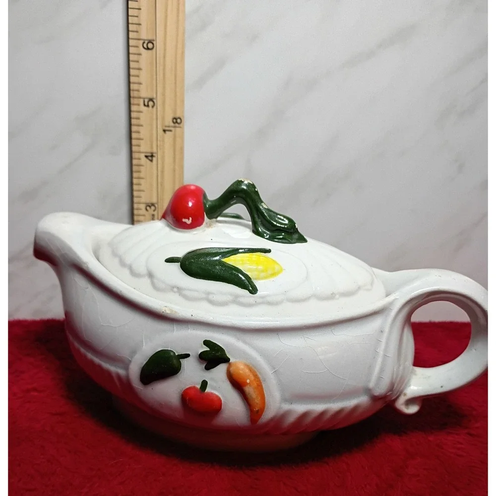 Vintage Ceramic Gravy Boat with Lid Vegetable Harvest Corn Carrot Radish White